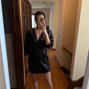 Chic Black Faux Leather Wrap Dress